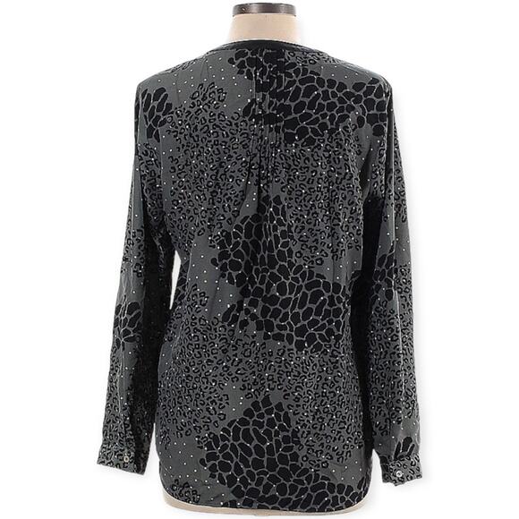 Daniel Rainn Blouse Animal Print V-Neck Roll Tab Sleeve Gray Black Women's L - Picture 2 of 14